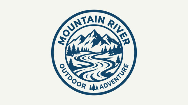 Scenic logo representing a mountain river adventure with trees and mountains in the background