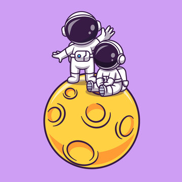 Cute Astronaut Couple On Moon Cartoon 