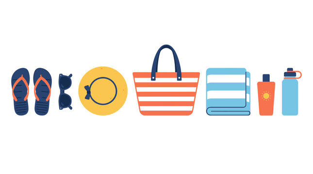Set of beach accessories for summer vacation.