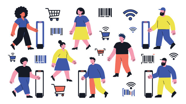 Modern shopping experience with people using self checkout and scanning items with smartphones at store entrance