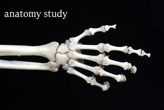 A human hand skeleton is displayed against a black background for anatomy study.