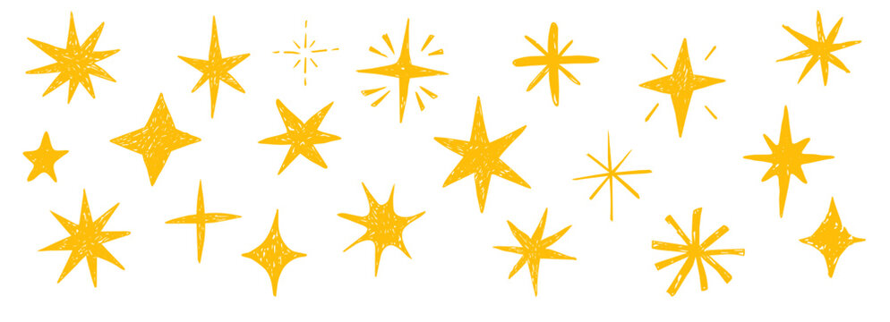 Doodle hand drawn stars crayon sparkles set. Scribble texture freehand childlike chalk or pencil drawing sketch. Celestial elements with rough edge 