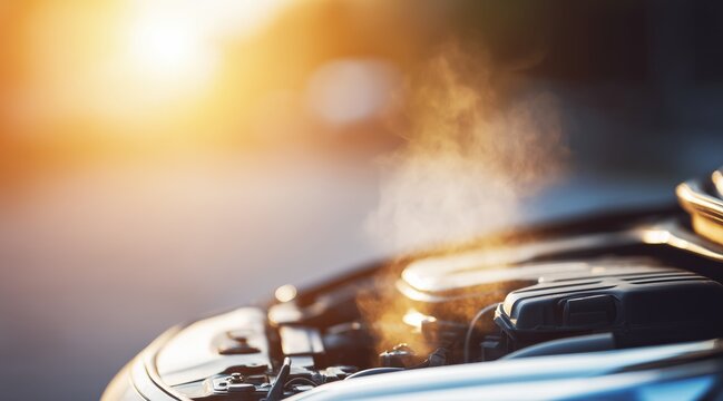 Overheated car engine with steam and open hood in golden sunlight