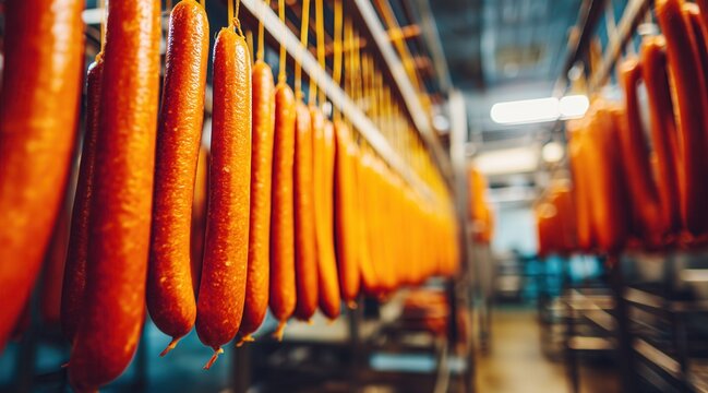 Smoked sausages hanging on racks in food production factory