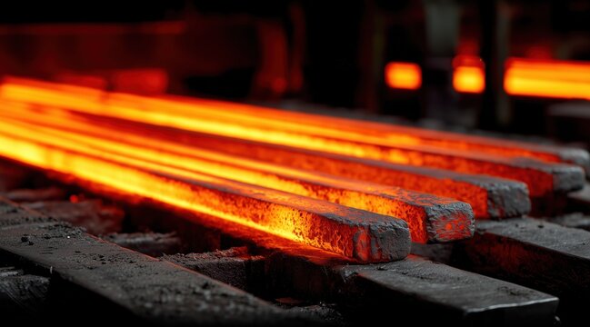 Glowing hot metal billets in industrial steel production facility