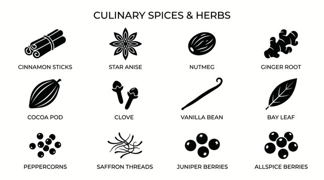 Spices and Herbs Silhouette Icons Collection of Cinnamon, Star Anise, Nutmeg, Ginger, Vanilla, Clove, Pepper, Saffron for Cooking Design