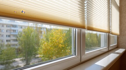 Fototapeta premium Pleated blinds on white window frame with blurred background