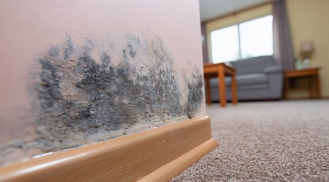 Close up of black mold growth on wall surface in apartment interior