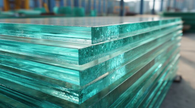 Stack of thick green glass panels in industrial factory