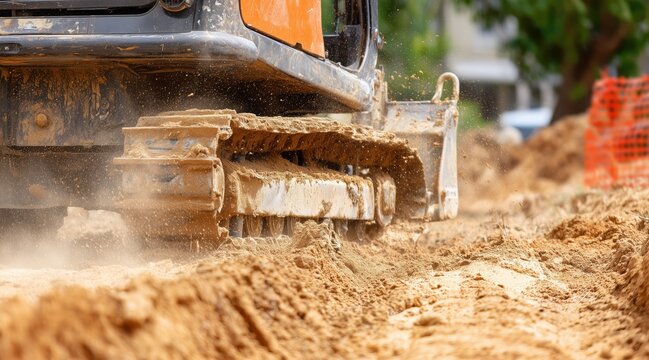 Excavator tracks moving through sandy soil on construction site