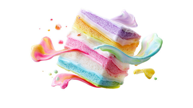 Floating rainbow layered sponge cake slice with pastel frosting swirls and colorful cream splashes