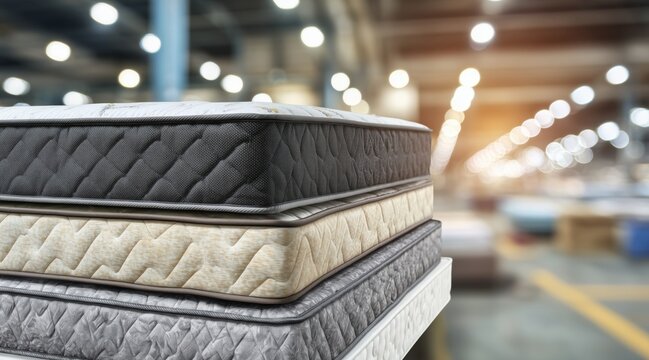 Stacked mattresses with various quilted textures in warehouse showroom