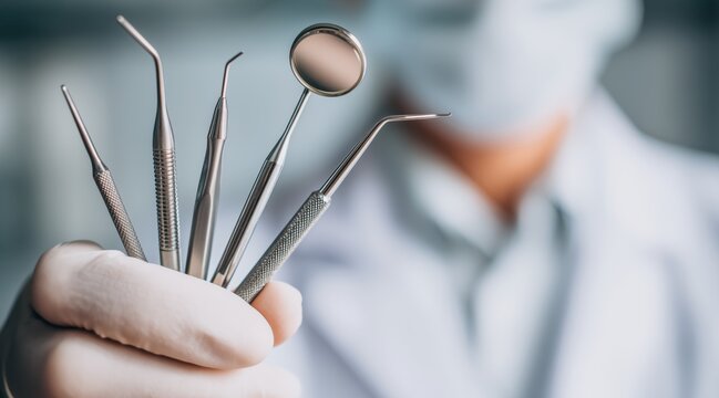 Professional dental instruments in hand of dentist wearing white gloves