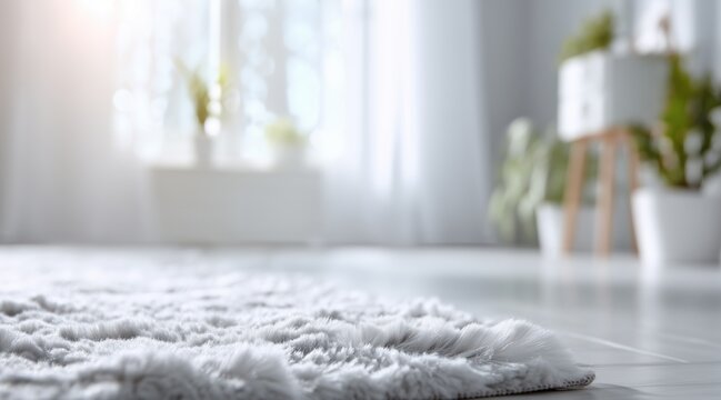White fluffy rug on floor in bright blurred room interior