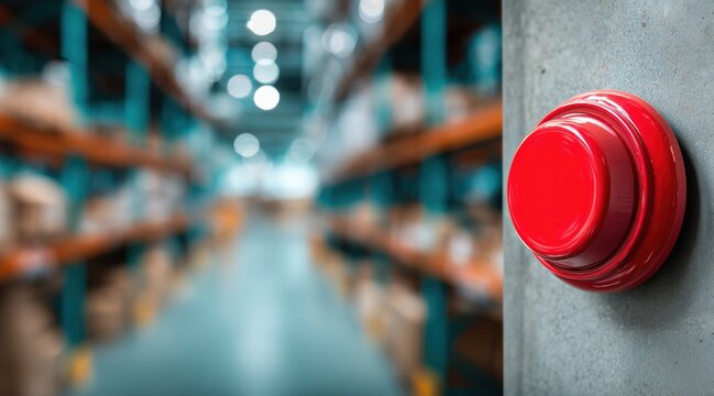 Emergency stop button on wall in industrial warehouse