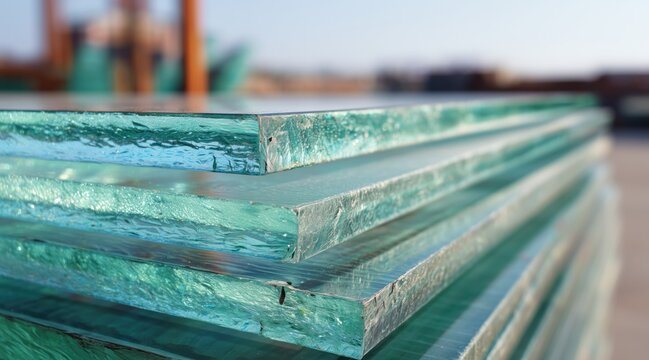 Thick glass sheets stacked together showing textured green edges