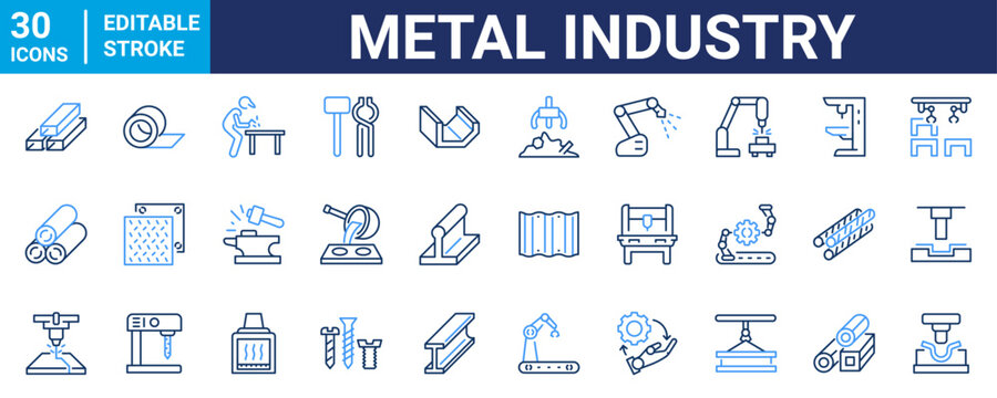 Set of 30 outline blue icons related to Metal industry. Linear icon collection. Editable stroke. Vector illustration