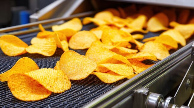 Crispy potato chips moving on conveyor belt during food production process