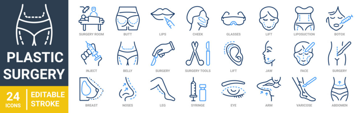 Set of 24 outline blue icons related to plastic surgery. Linear icon collection. Editable stroke. Vector illustration