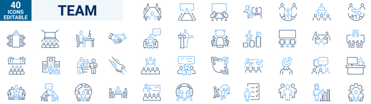 Set of 40 outline blue icons related to Teamwork . Linear icon collection. Editable stroke. Vector illustration