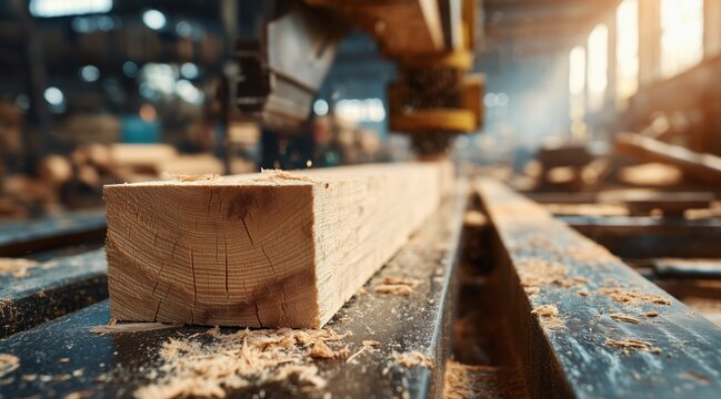 Wooden beam on industrial machine in woodworking factory with sawdust