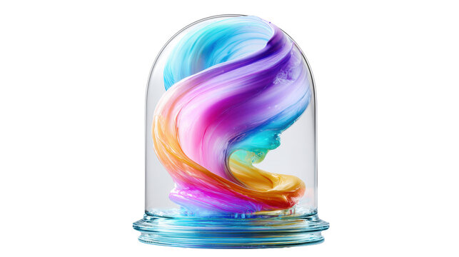 Abstract rainbow fluid swirl inside clear glass dome cloche isolated on transparent background