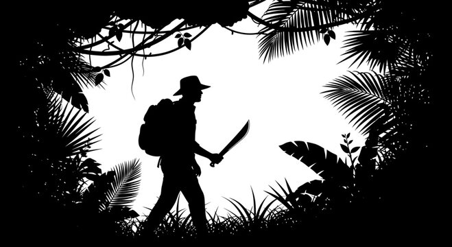 Silhouette of an adventurer exploring a dense jungle with a machete