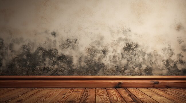 Moldy wall with wooden baseboard and floor in damp room