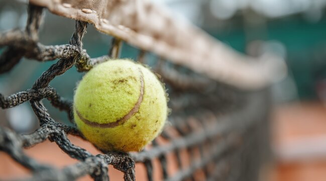 Dirty tennis ball stuck in black net on clay court