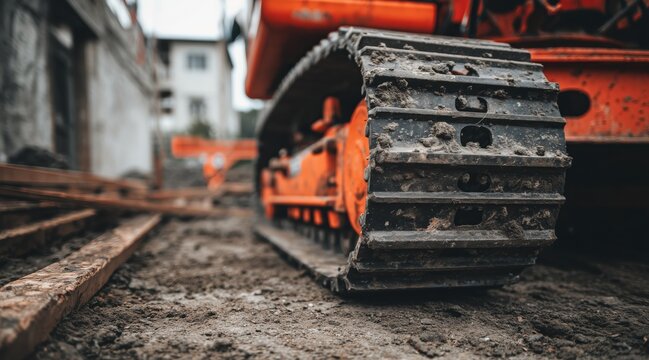 Heavy machinery caterpillar track covered in dirt on construction site