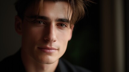 Obraz premium In a calm indoor space, a young man gazes directly at the viewer, his expressive eyes shining with warmth. Soft light highlights his features, creating an intimate atmosphere