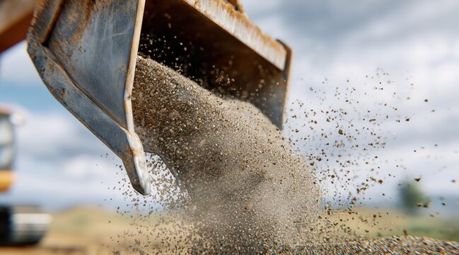Excavator bucket dumping gravel and sand at construction site