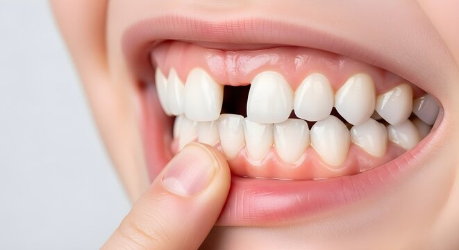 Close Up Of Person Pointing To Gap In Teeth With Missing Tooth