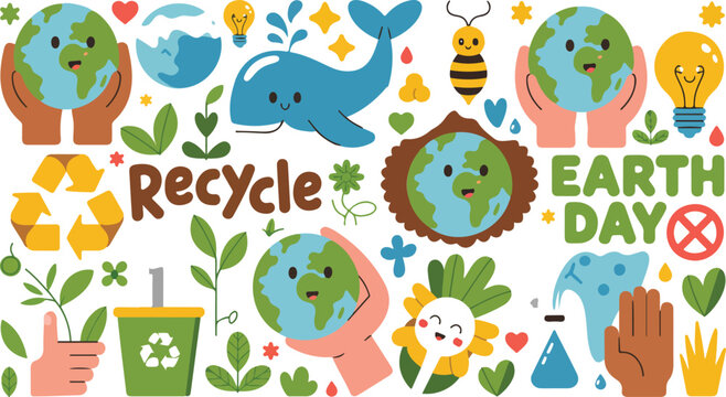 Cartoon Earth Day illustration featuring smiling globes whale recycling symbols leaves and eco conservation elements in playful composition