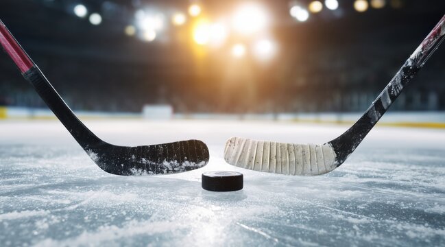 Two hockey sticks and puck on ice rink in stadium