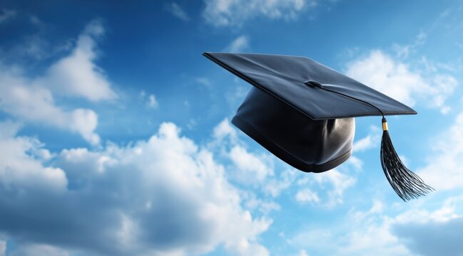 Graduation cap flying in blue sky with clouds