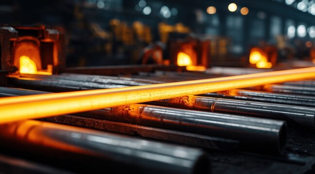 Hot steel bar on conveyor belt in industrial metal factory
