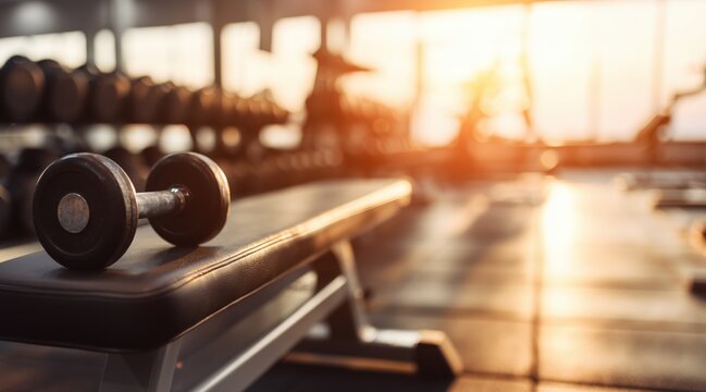 Black dumbbell on leather bench in gym interior during golden hour
