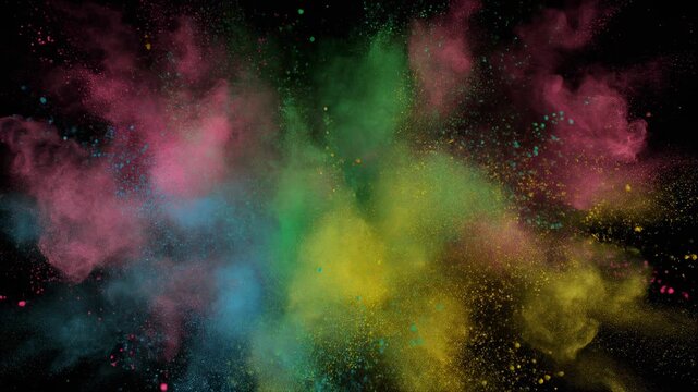 Vibrant Colorful Powder Explosion on Black Background Dynamic Abstract Art.