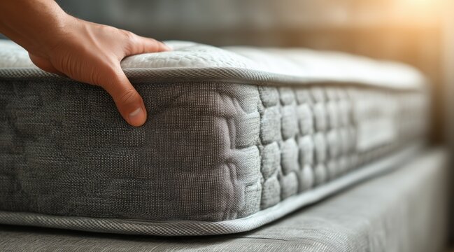 Hand pressing side of mattress for firmness test