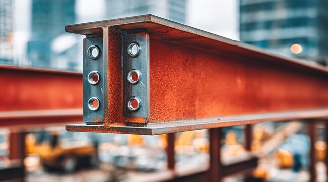 Close up of rusty orange steel i-beam at construction site
