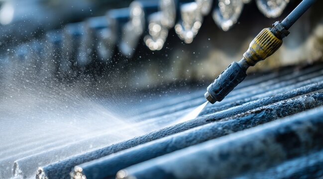Pressure washer nozzle cleaning corrugated roof surface