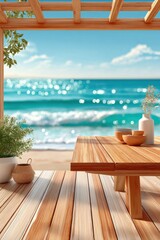 Obraz premium Wooden table on a sunny beach deck with ocean view and relaxed summer dining scene