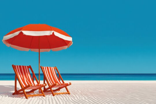 Sunny beach with red umbrella and striped deck chairs on white sand under a clear blue sky