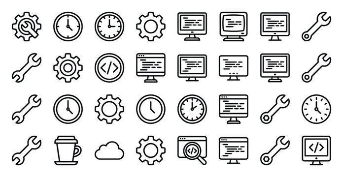 Collection of hand-drawn technology and work icons with computers clocks tools coffee cup web design app development it support technology computer programming software hardware development