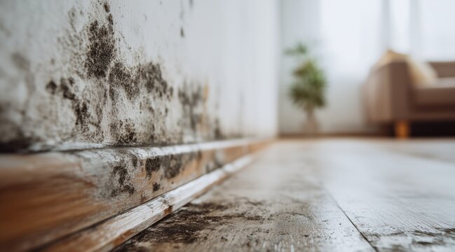 Black mold growth on wall baseboard and floor in home interior