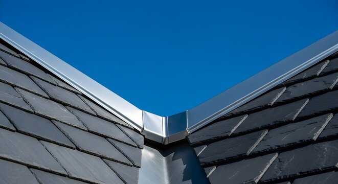 Modern Slate Roof With Metal Flashing Against A Clear Blue Sky