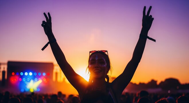 Young Woman Celebrating at Outdoor Music Festival During Sunset with Vibrant Lights