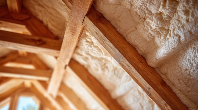 Spray foam insulation installed between wooden rafters in attic roof construction