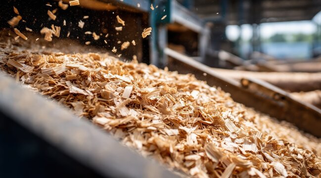 Wood chips falling on conveyor belt in sawmill industrial plant